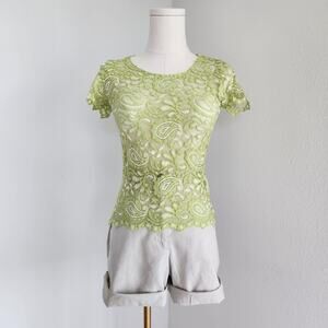 Y2K Andria Lieu Collection Lime Green Lace Paisley Floral Mesh Baby Tee Top XS